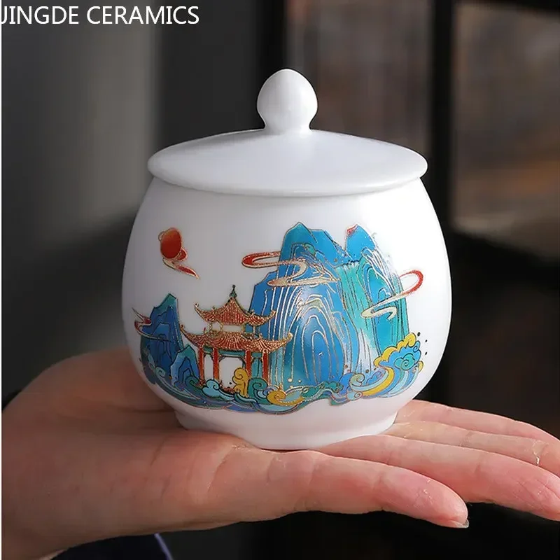 Chinese Ceramic Tea Caddy Multifunctional Storage Can Porcelain Sealed Jar Tea Set Accessories Kitchen Moisture Proof Container