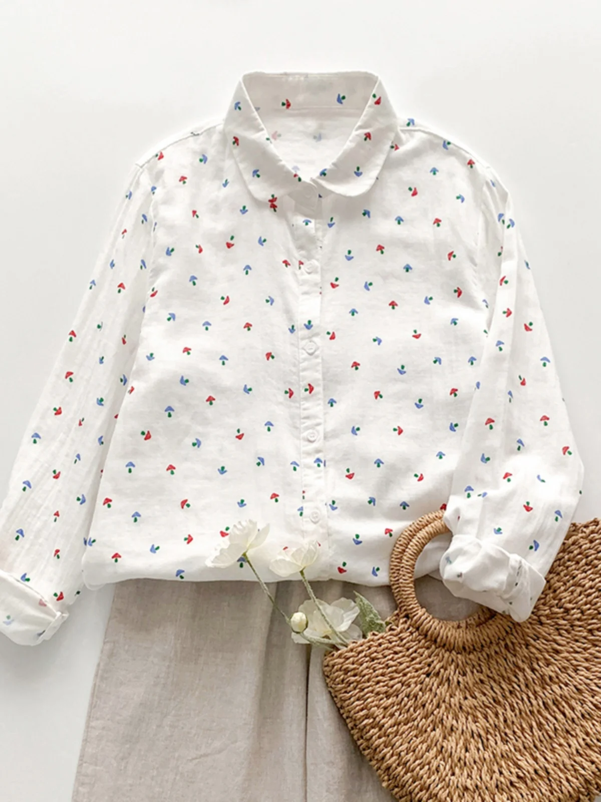 

Soft Pure Cotton Long Sve irt Women's Artistic Retro Double Layer Cotton Tead irt Comfortable Skin-friendly Japanese...