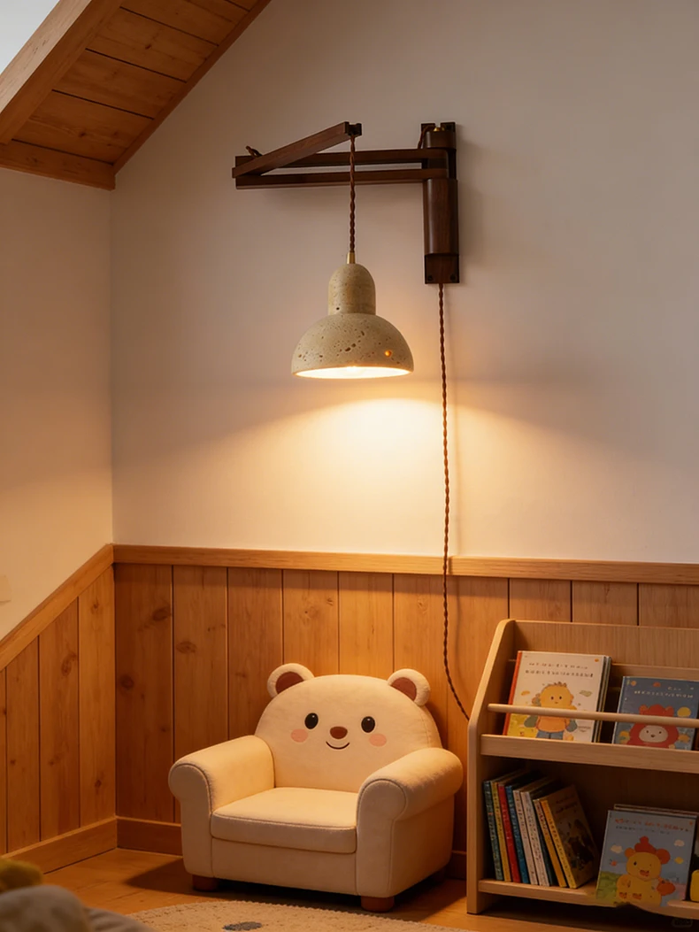 Natural Stone Wall Lamp Wooden Pole Can Rotate Light Reading
