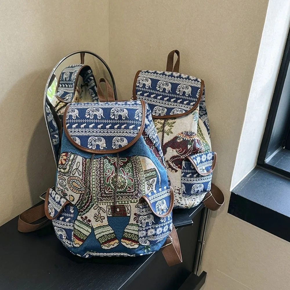 แฟชั่นสไตล์ชาติพันธุ์เย็บปักถักร้อยกระเป๋าเป้สะพายหลัง Jacquard ช้างนกฮูก Casual สัตว์กระเป๋าเป้สะพายหลังผ้าใบกลับกระเป๋าเดินทาง