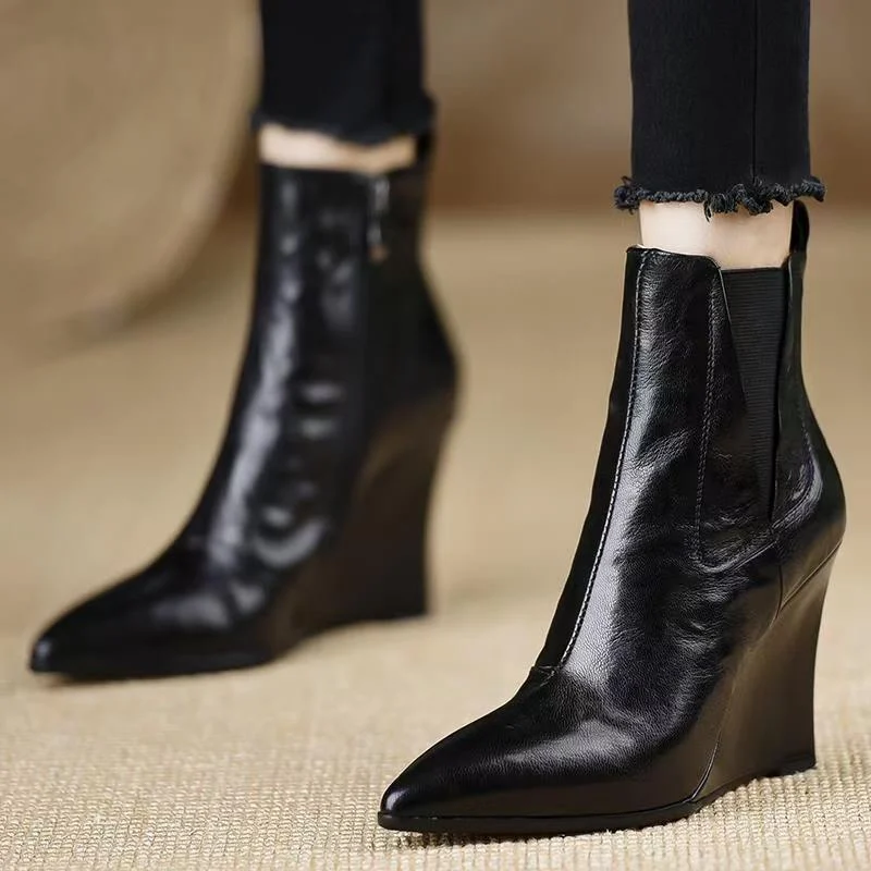 

Wedge Heel Booties Fall New Pointed Toe Side Zipper Soft Sole Non-Slip Wear-Resistant High Heels