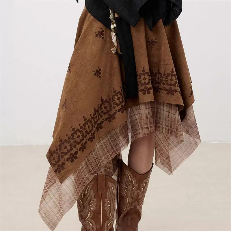 High Quality Brown Pattern Double-Layered Asymmetrical Ruffle Skirt: Embrace The Bohemian Retro Vibe with Layered Elegance
