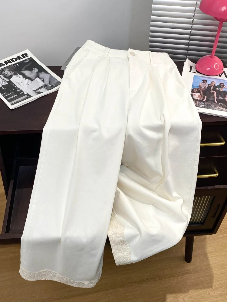 Retro Japanse Sle Werkkleding Wijde Pijpen Broek Dames Zomer Los Veelzijdig Hoge Taille Afslanken Kant Splitsen Recht Casual...