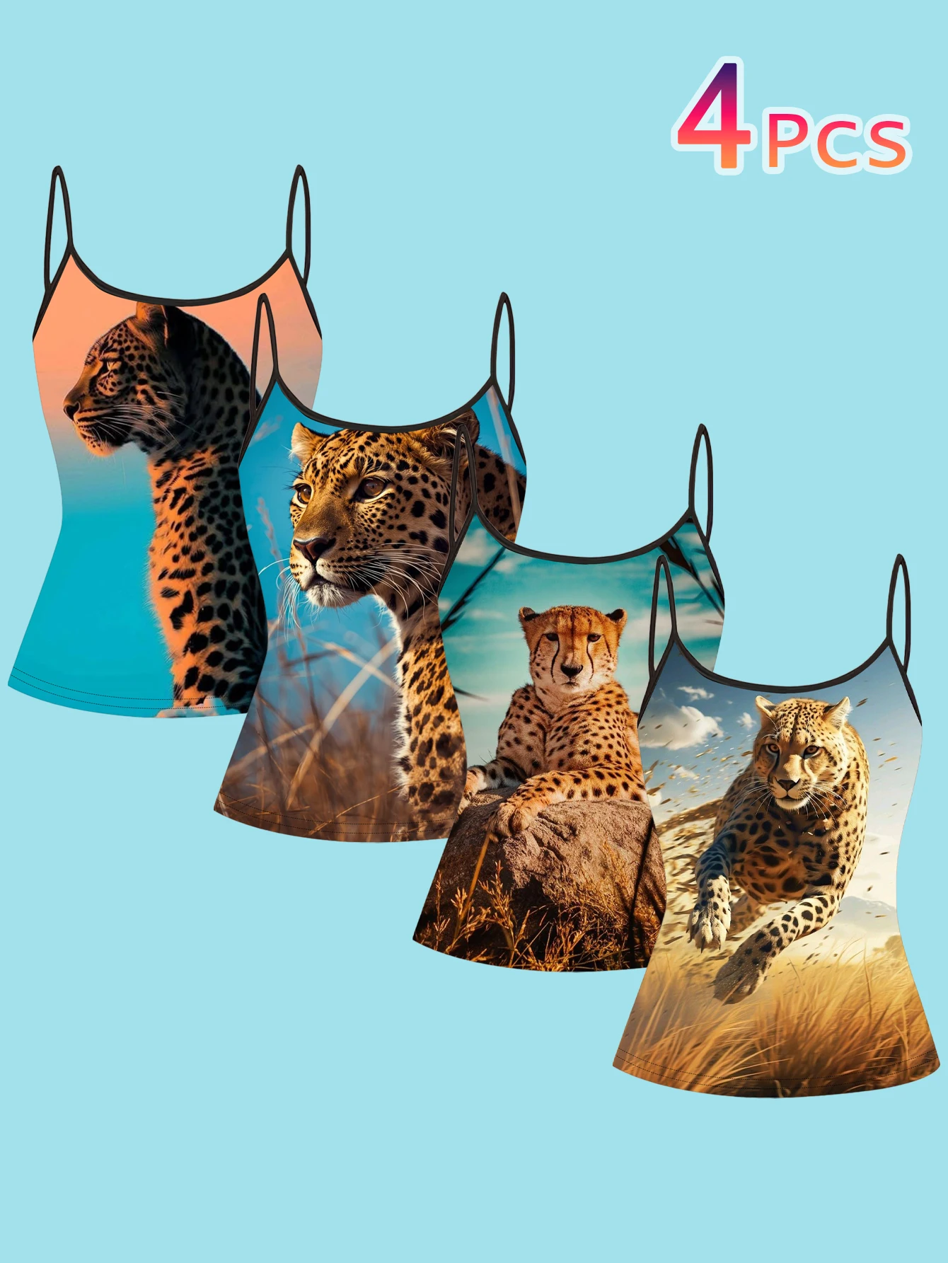 4-Piece Set of Women's Prairie Cheetah Realistic Animal Print Spaghetti Strap Camisole Slim-Fit Base Layer Tops