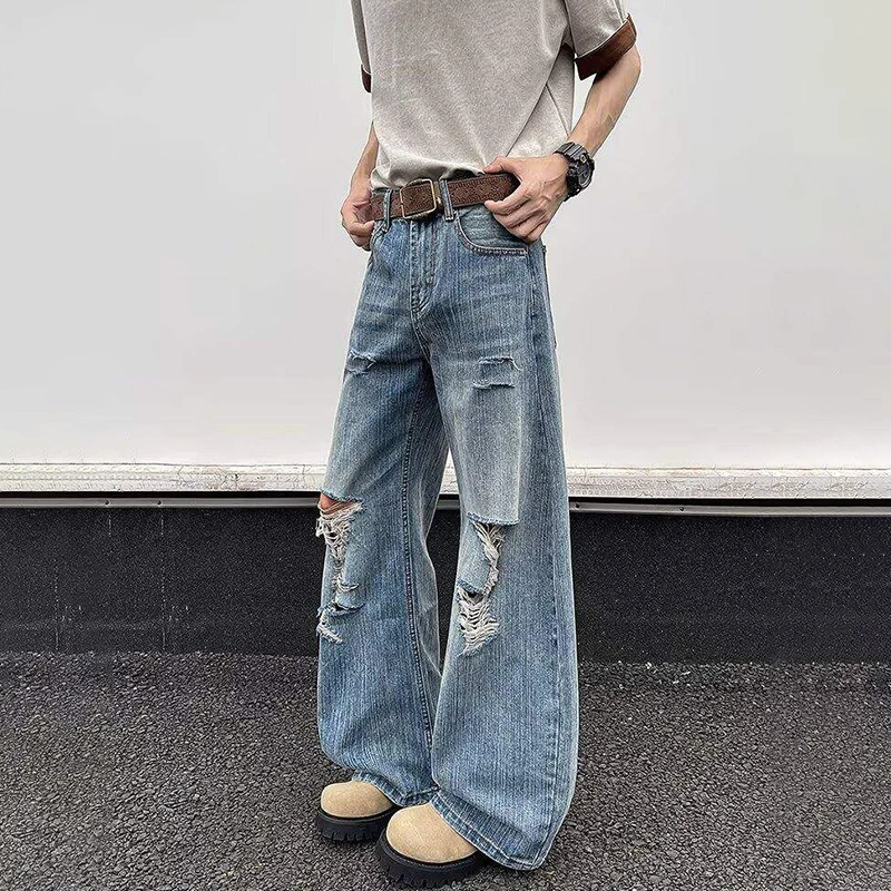 WTHT Moda Uomo Foro di Lavaggio Burr Edge High Street Pantaloni in Denim Vintage Stile Americano Jeans a Gamba Larga Maschile 2025 Estate 2A1217