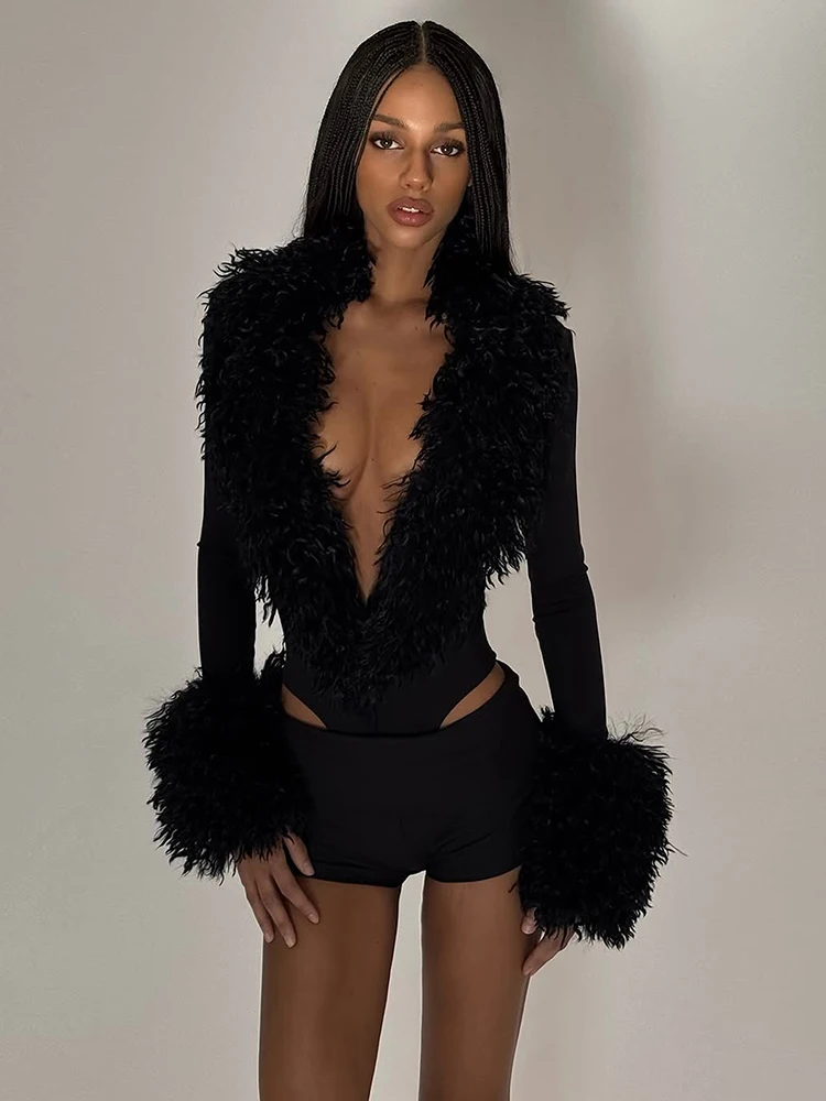 Kliou Sexy Mode-Bodysuits für Damen, Pelz-Patchwork, Tiefer Ausschnitt, Lange Ärmel, Eng Anliegend, Dehnbar, Trendy High-Street-Stil, Klassische Oberteile – Detail 9