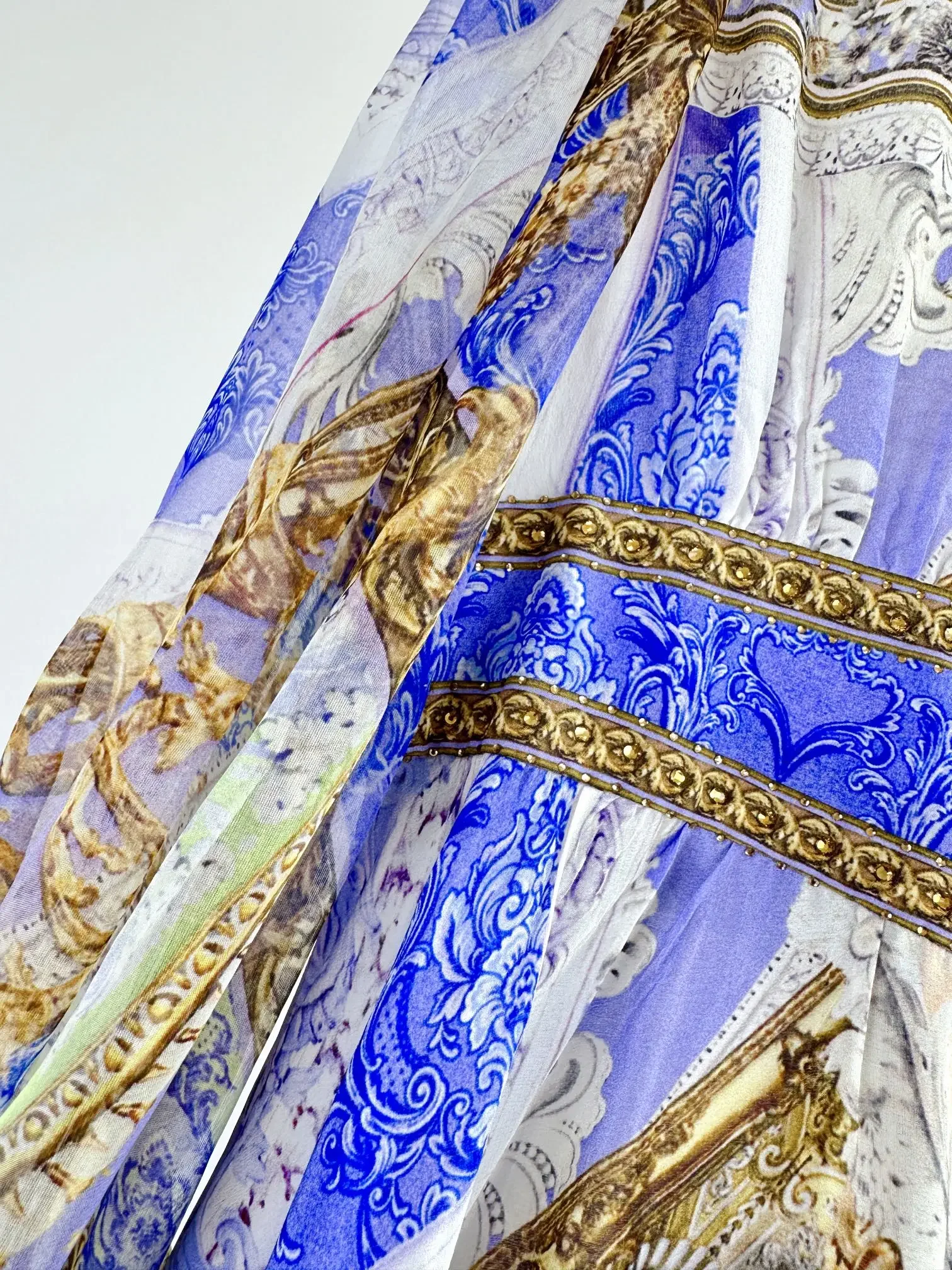 Senhoras azul impressão 100% seda maxi vestido de cristal frisado com decote em v manga longa cintura alta babados em camadas férias feminino robe