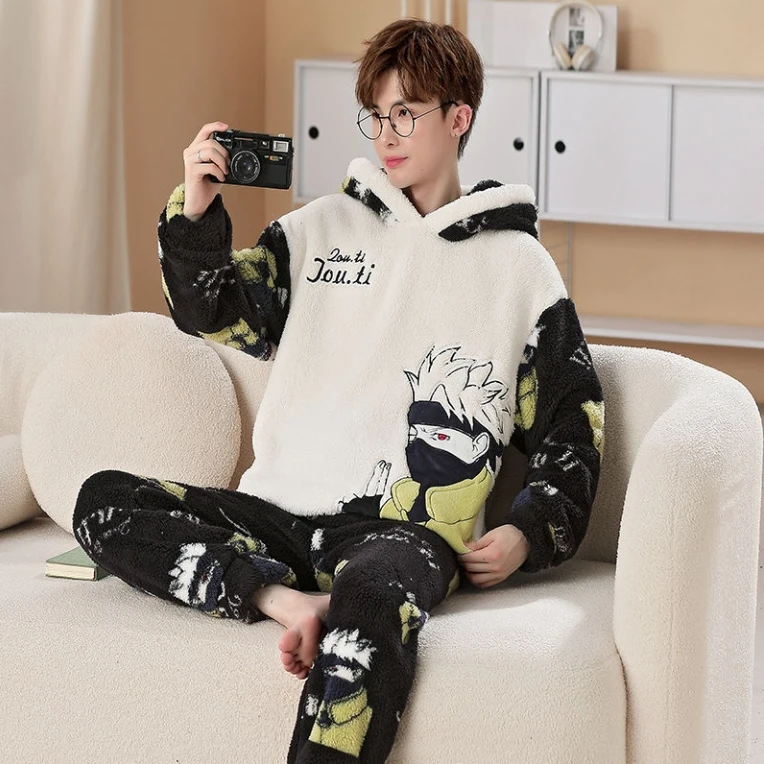 Naruto Coral Velvet Pajamas Men Winter Thickened Flannel Home Clothes Suit Cartoon Anime Sasuke Round Neck Sleepwear Set Male