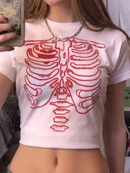 T-shirt Punk E-Girl Gothique avec Imprimé de Squelette pour Femme, Haut Court Vintage Décontracté à Col Rond, Vêtement Basique Slim et de Style Harajuku, Streetwear, des Années 90, Y2K, Idéal pour Été