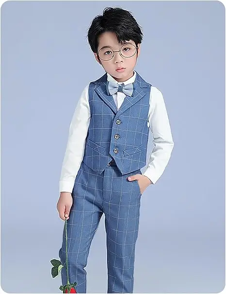 Flower Boys Slim Fit Vest Suit Set Kids Wedding Ring Bearer Outfit Children's Piano Host Speech Performance Costume
