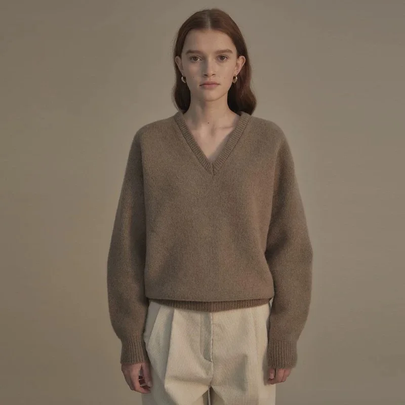 

Sweater for Women 2024 New Autumn Winter V-neck Solid Color Casual Long Sleeve Pullover