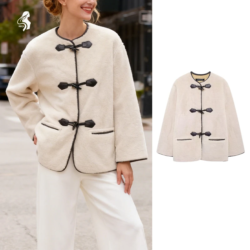 

Fashionable Womens Coat Jacket With Toggle Buttons Round Neck Pockets Soft Faux Fur Coat For Autumn Daily Wear Trafizaran