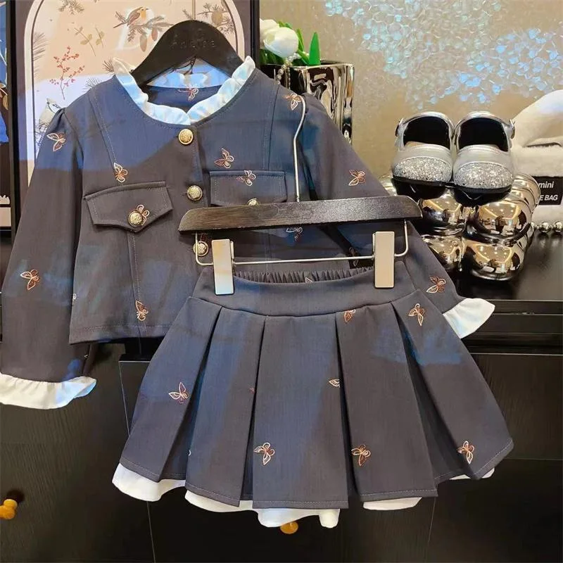 الربيع والخريف الفتيات فستان الأميرة سترة + تنورة قطعتين مجموعات للأطفال الملابس الدانتيل طويلة الأكمام موحدة الدعاوى الرسمية