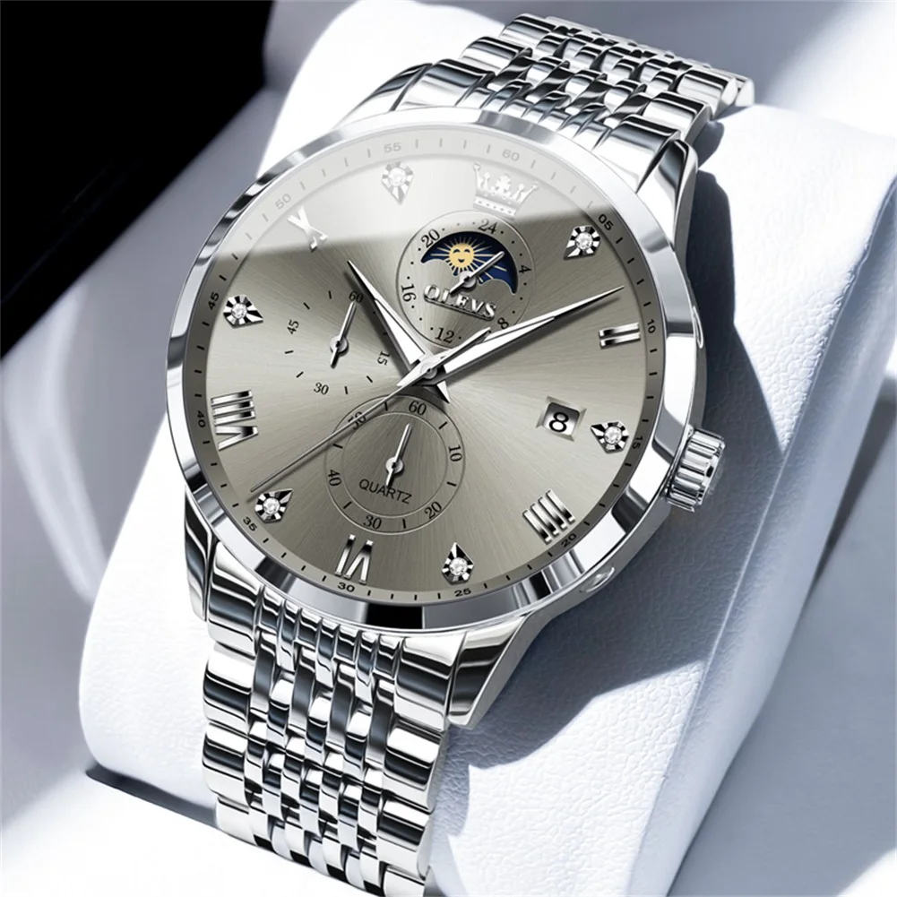 

Часы для мужчин OLEVS Водонепроницаемые кварцевые наручные часы из нержавеющей стали Спортивные мужские часы с дизайном фазы Луны reloj hombre