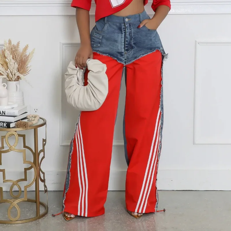 

Женские джинсы 2025 года, дышащие, со средней талией, неэластичные, контрастные полоски, мягкие брюки в стиле ретро с завязками