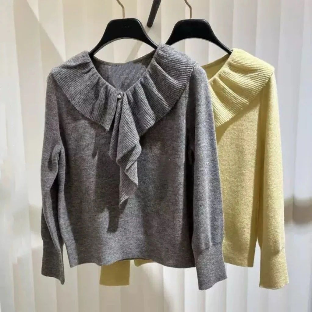 Faionable الليمون الجبن MIN25 الخريف الصوف محبوك سترة الوقوف طوق جرس Sve التخسيس تنوعا تخفيف Sle طويل Sve