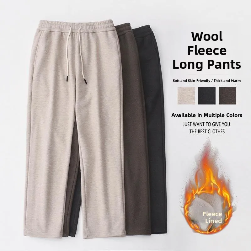 

Men's Winter Thiened Fce Lined Woolen Elastic Straight Leg Sweatpants Warm Windproof Casual Long Pants
