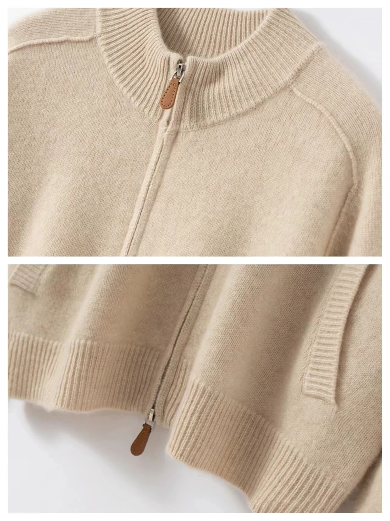 

Women Casual Thick Cashmere Sweater Mock Neck Cardigan Coat Autumn Winter Loose 100% Cashmere Sweater Sporty Double Zippers Tops