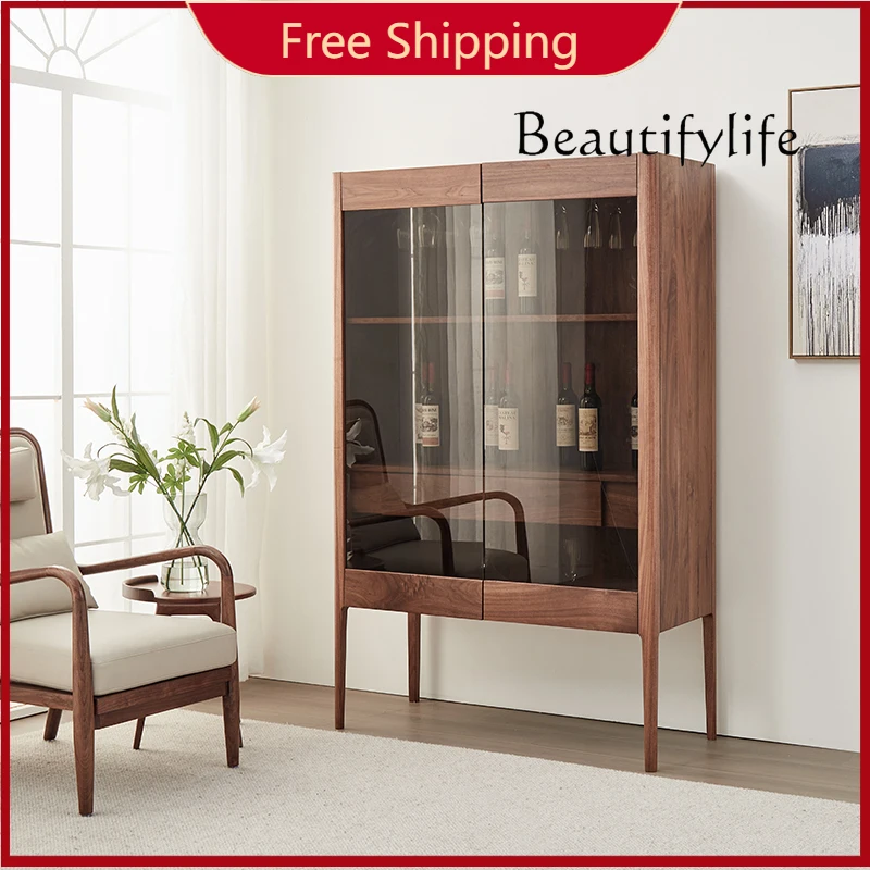 

X North American Black Walnut Wine Cabinet Living Room Italian Light Luxury Wall High-grade Solid Wood Glass Door Cabinet