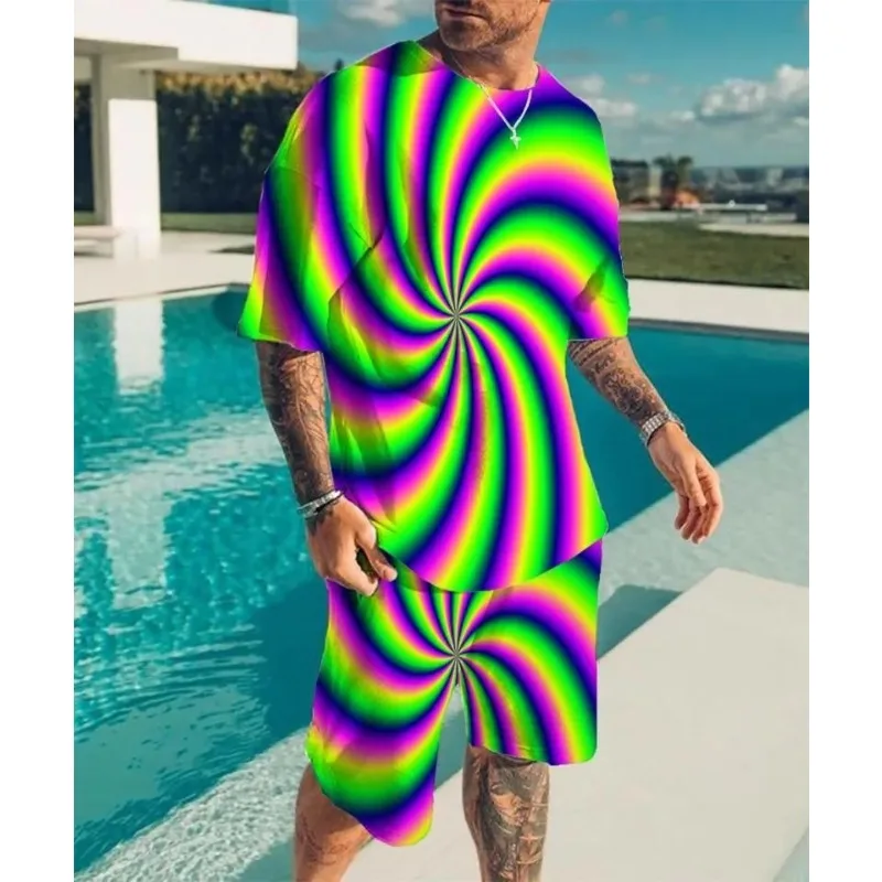 2025 Optical Illusion Pattern T-shirt 2-piece Set Fashion Men's Summer T-shirt Set New Men's Round Neck T-shirt Set 3D Printing