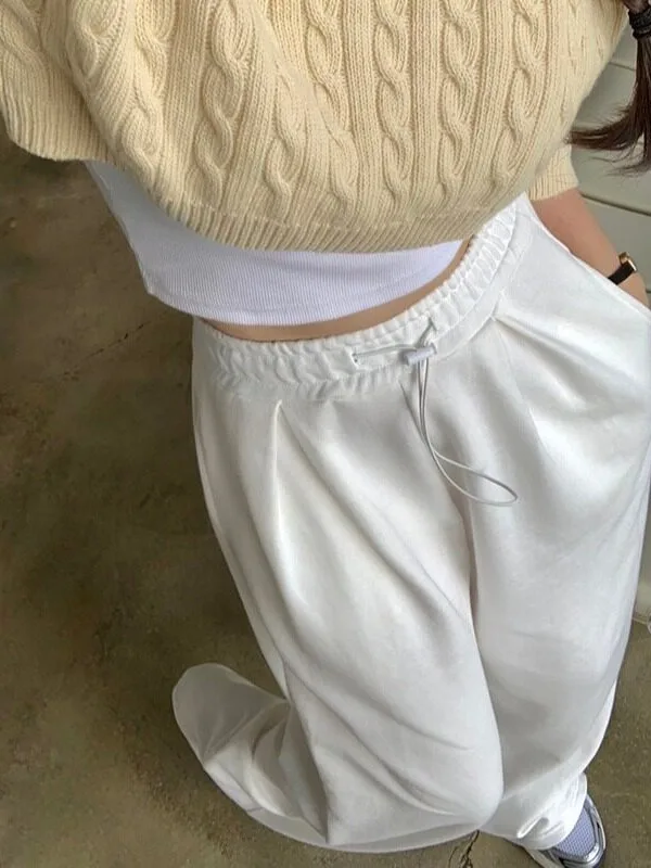Retro Dongdaemun Wide Leg Sport Sweatpants Elastic Waist with Drawstring Autumn New Style Women's Comfortable Casual Trousers