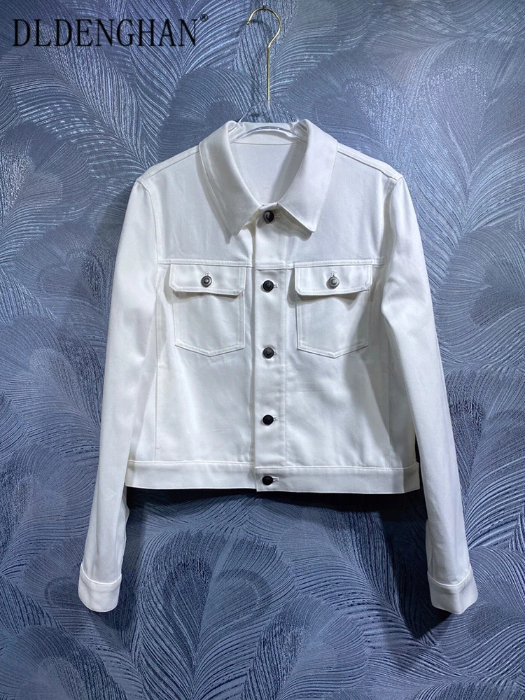 

DLDENGHAN Spring Cotton Jacket Women's Turn-down Collar Long Sleeve Single Breasted White Casual Jacket Fashion Designer New
