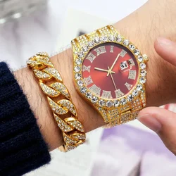 Conjunto de Reloj de pulsera de acero inoxidable para Hombre, cronógrafo con diamantes de imitación incrustados, Color dorado, estilo Hip Hop