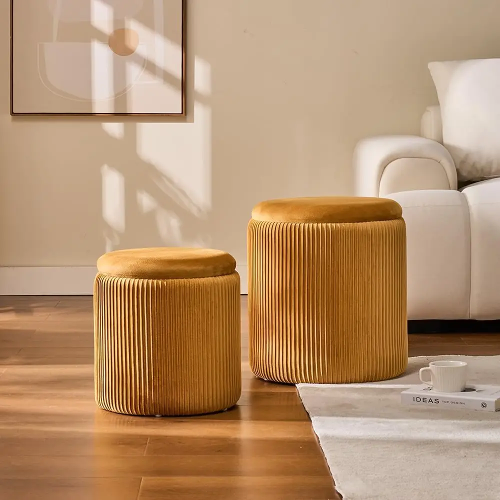 Round Ottoman Set of 2 with Storage, Multifunctional Upholstered Stool for Makeup, Coffee Table and Foot Rest in Yellow