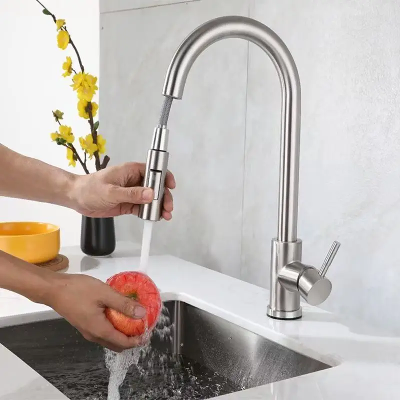 

Stainless Steel Pull-out Kitchen Faucet with Hot And Cold Water Functions Splash-proof Telescopic Sink Washing Basin Household