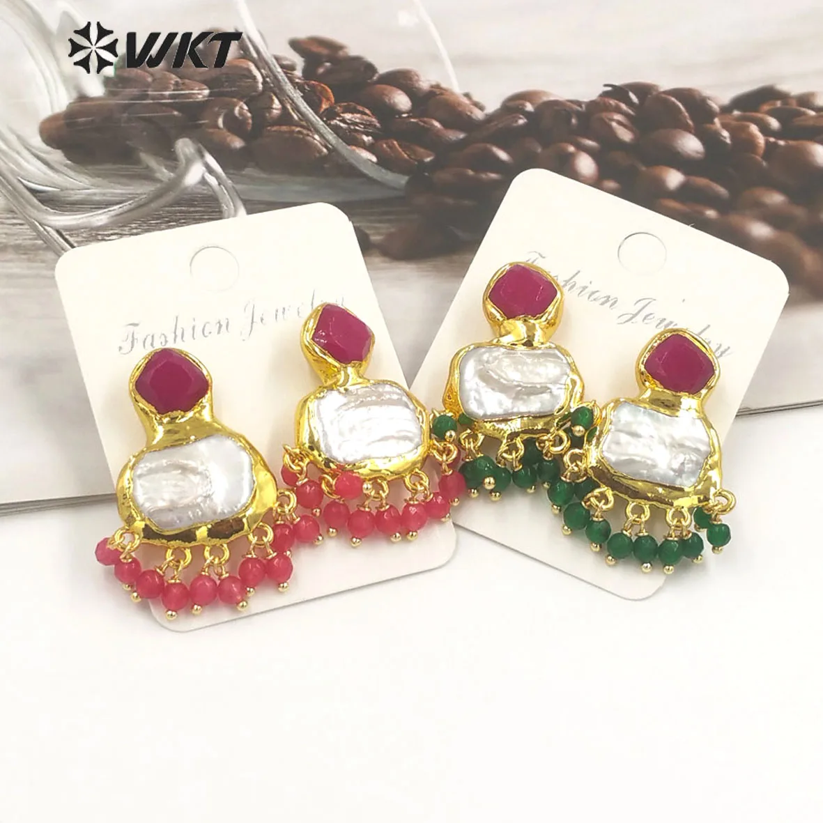 Imagem -05 - Brincos Coloridos de Jade e Pérolas para Mulheres Banhado a Ouro 18k Minúsculos Grânulos Clássicos Bonitos Festa de Aniversário Decorativos Wt-mpe118