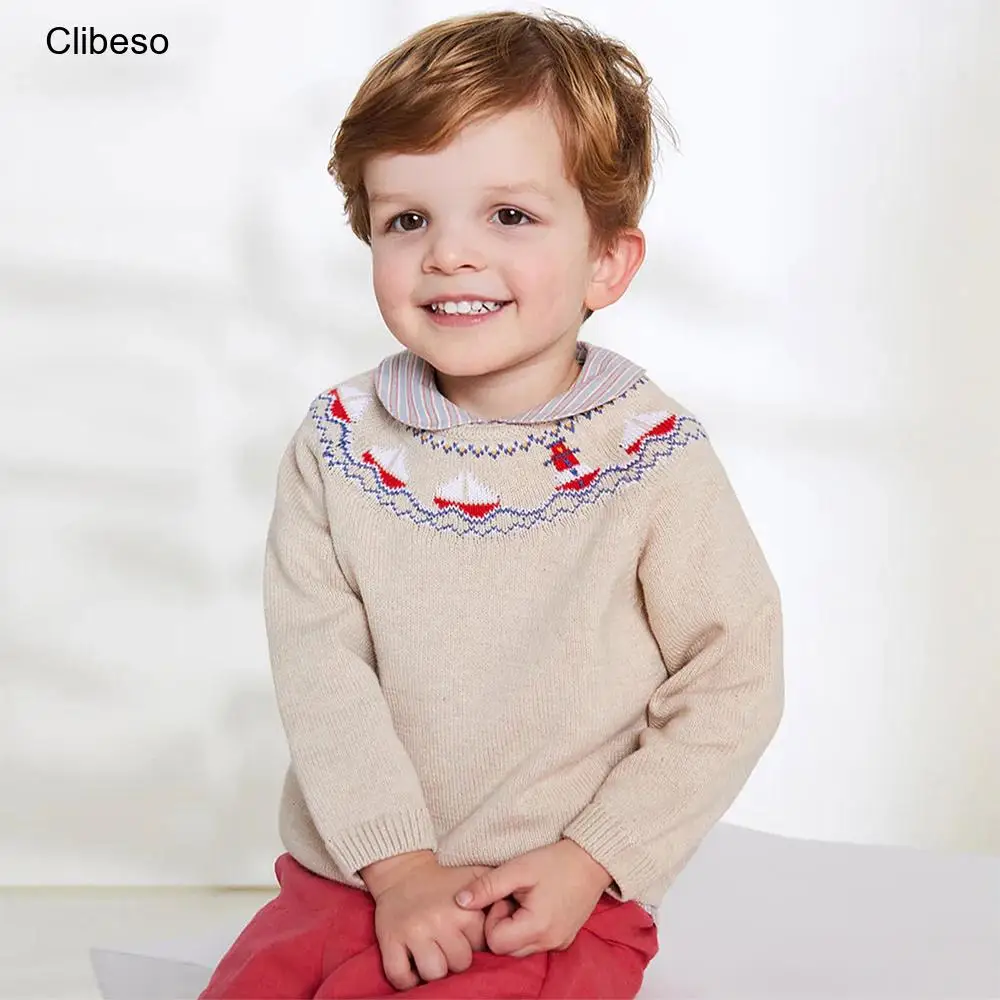 

2024 Clibeso Knit Sweaters for Boys Pullovers Kids Embroidery Sailboat Knitted Sweater Children Winter Tops Child Boys' Knitwear