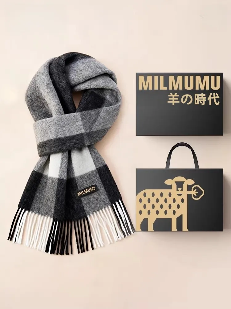 milmumu-ピュアウールスカーフメンズ誕生日ギフト箱入り英国クラシックチェック柄スカーフ暖かさネックウォーマー冬のファッションアクセサリー