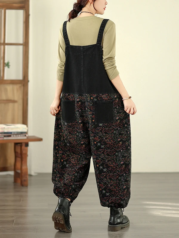Casual Printed Denim Overalls Women's plus Size Faionable Personali Wide Leg Pants High Waist Straight Cut Spring Season