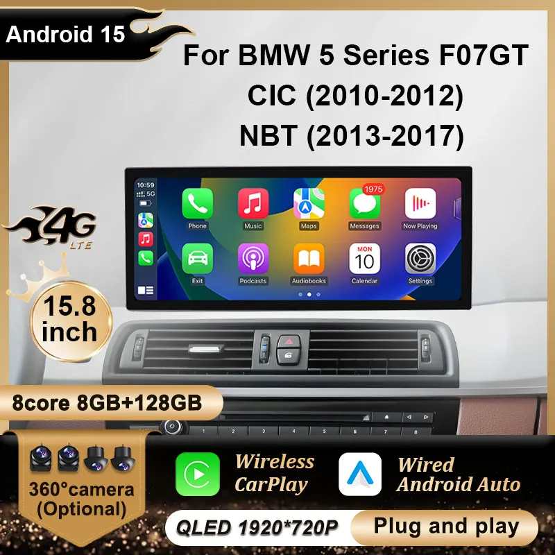 Для BMW 5 серии F07 GT 2010-2017 NBT CIC Система Беспроводной Carplay Автомобильный радиоприемник Мультимедийный плеер Android Авто GPS-навигация WiFi