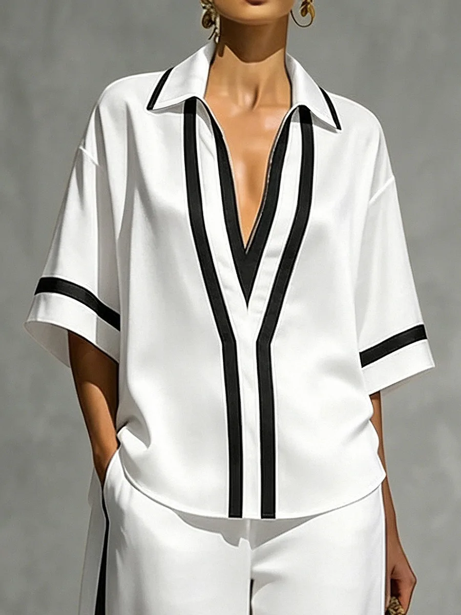 

Bonboho Women's White Contrast Black Striped Trim T-shirt Lapel Half Open V Neck Short Sleeve Loose Fit Casual Summer Shirt