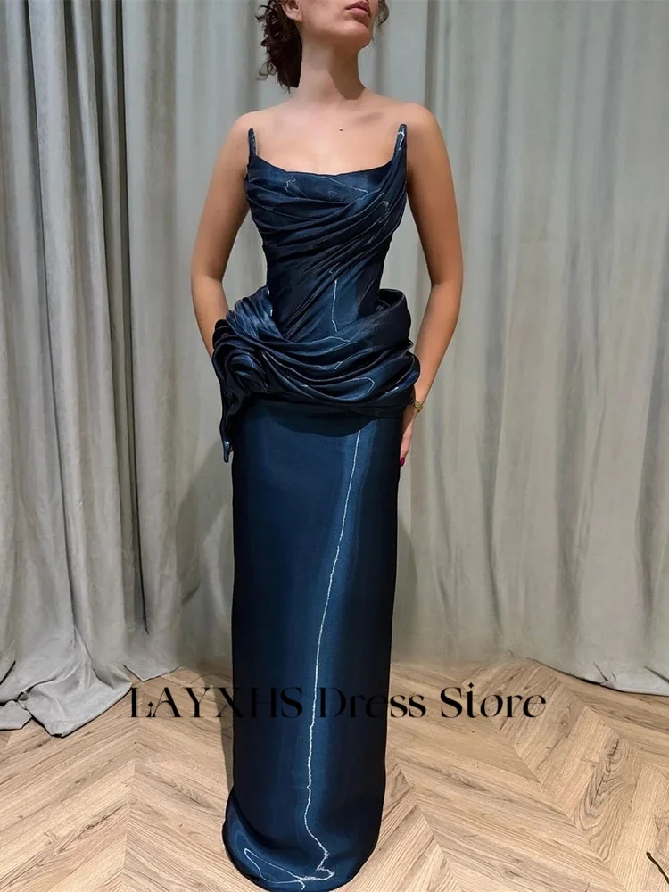 LAYXHS แฟชั่น Navy Blue Strapless ชุดราตรี Mermaid Pleat Ruffle Party Prom Dresses ที่กําหนดเอง فستانة