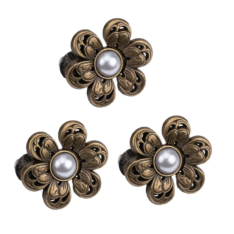 3PCS Pearls Flower Waist Buckle Cincher Clip Waist Brooch Hook for Jeans Pants Plated Waist Tightener Clip Skirt Adjuster