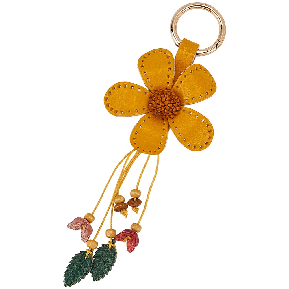 Genuine Leather Flower Keychain Charm Orange Floral Tassel Leaf Boho Aesthetics Alloy Keyrings Pendants Charms Key Chains