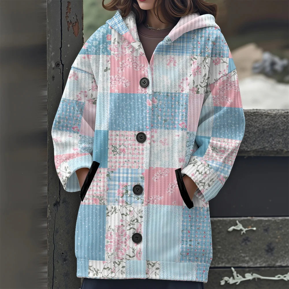 color block stitching Long sweater Floral women's clothing casual women's sweater Patchwork floral patterns Hooded sweater