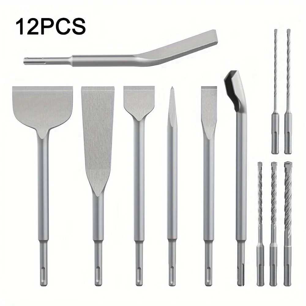 12PCS Carbide SDS Plus Chisel Set, SDS Plus Drill Rotary Hammer Bits Drill Cleaning Concrete Tile Set Drill Chisel Set