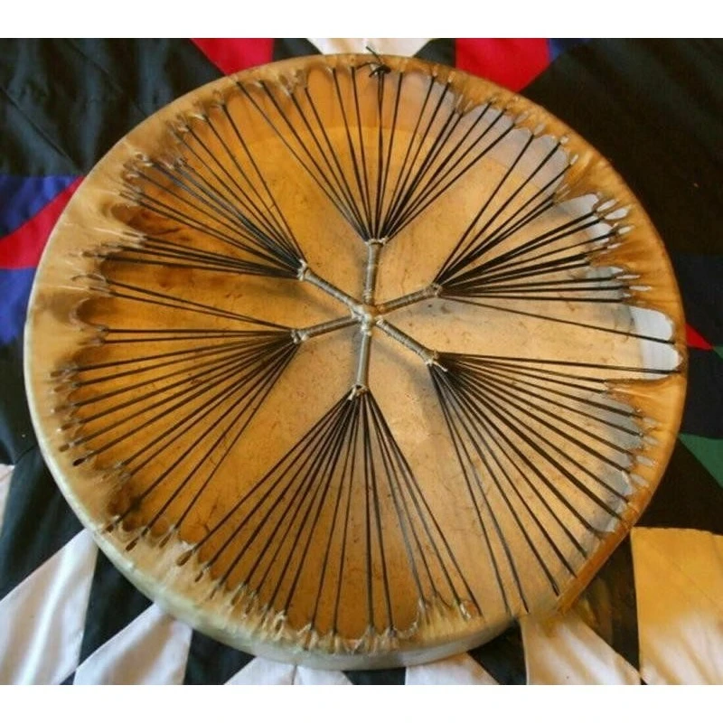 Tambourine, 20-inch tambourine, buffalo-framed drum, with hammer