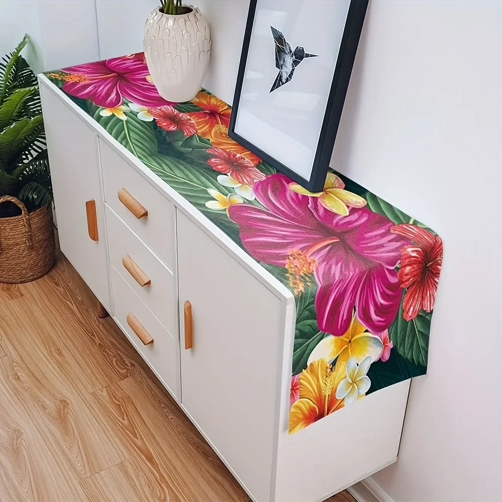 Hibiscus Flowers Rubra Linen Table Runner Holiday Party Decor Summer Leaves Tropical Plants Kitchen Dining Table Decor
