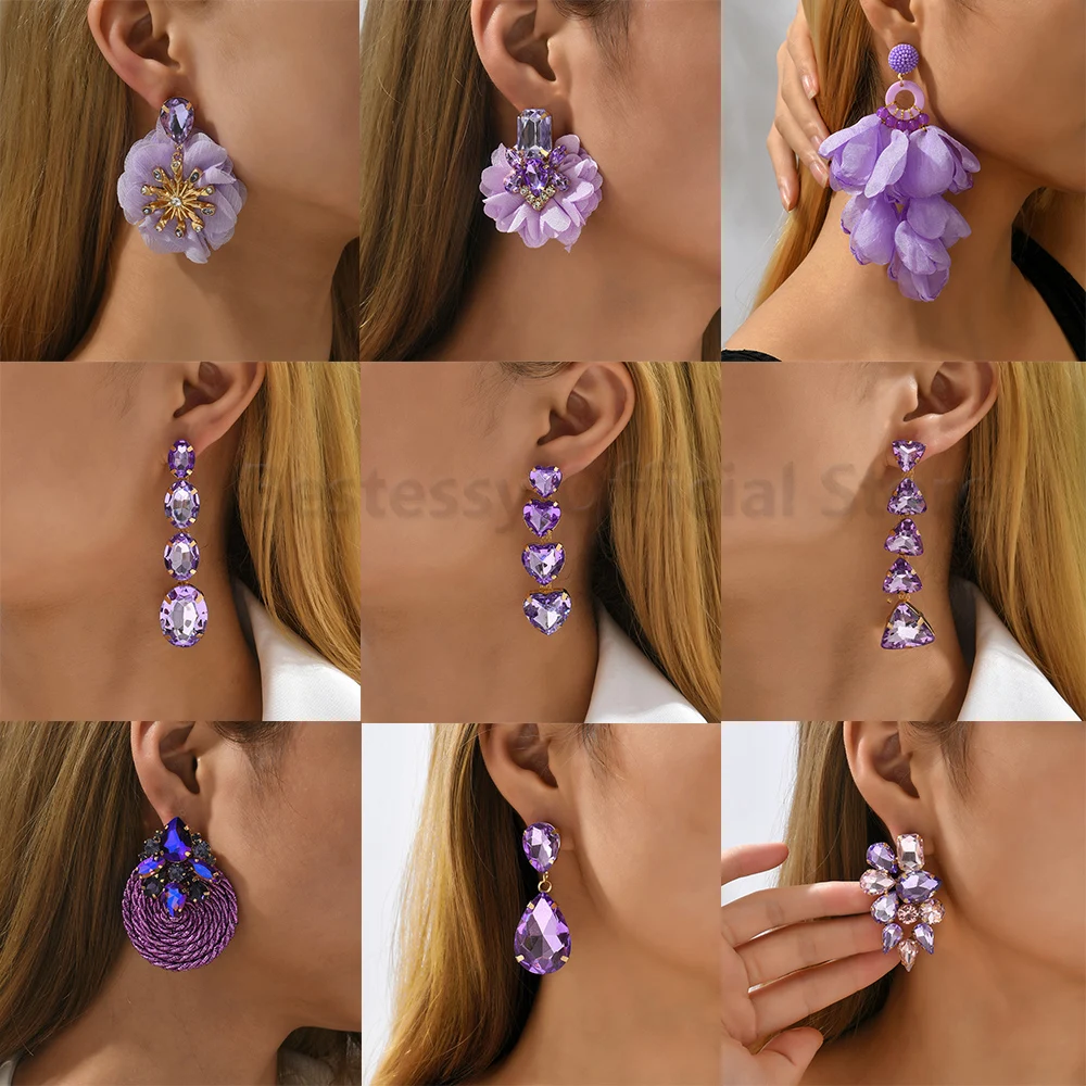 Purple Collection Fashion Crystal Drop Dangle Earrings For Women Designer Luxury Trendy Heart Petals Round Pendant Party Jewelry