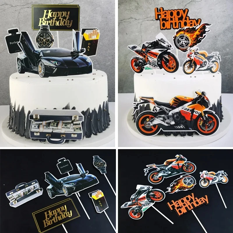 Cake Toppers Motorcycle Happy Birthday Topper Kids Girls Car Watch Cigarette Cake Flags Wedding Bride Party Baking DIY Decor