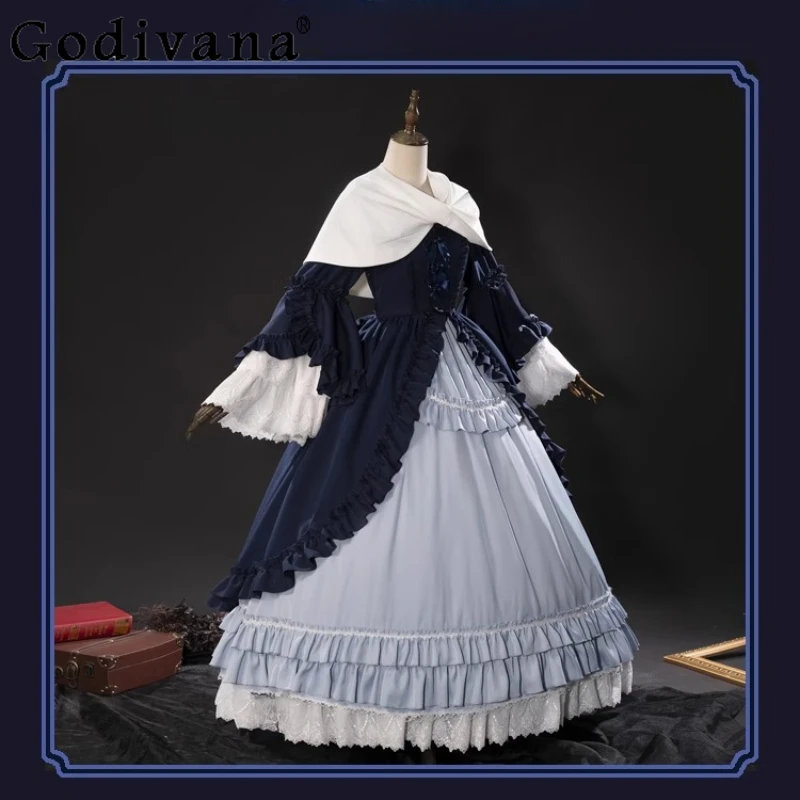 Women Vintage Cos Long Party Play Role Dress Blonde Holloween Cosplay Anime Dress Set Female Hat Accessories Costumes