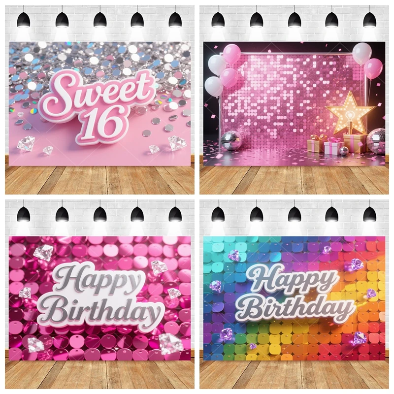 

Pink Sequin Wall Backdrop for Sweet 16 Birthday Party Photo Booth Decor with Rose Gold Balloons and Sparkle Stage​​​​ Custom