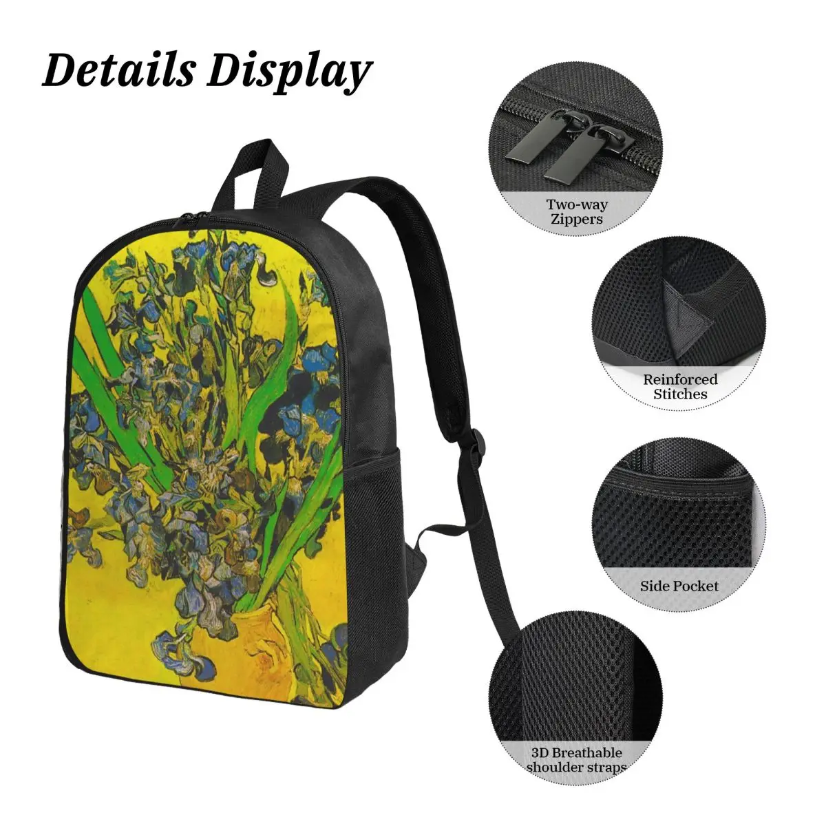 Vincent Van Gogh Irises Art Flowers Backpack BookBag School Bag Laptop Shoulder Bags 3ps Insulated Lunch Bag Pencil Case