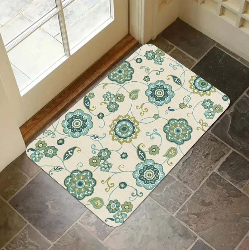 Bohemian Floral Print Door Mat Non Slip Absorbent Floor Mat Soft Washable Rug for Indoor Entryway Kitchen and Bathroom Use