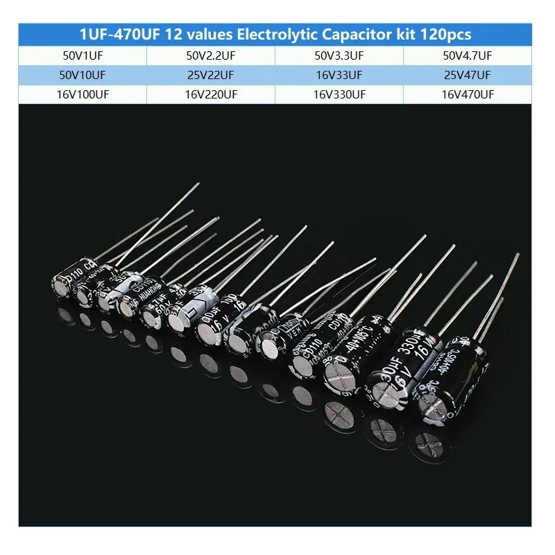 Condensador electrolítico de aluminio, Kit de condensadores electrolíticos de inmersión de 120 piezas, 12 valores, 16V, 25V, 50V, 1uF-470uF