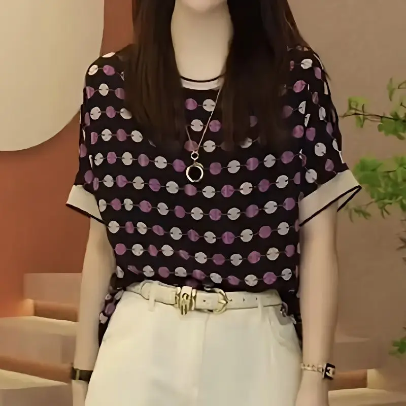 

Модная летняя шифоновая рубашка в новом стиле для женщин, универсальный топ в полоску с короткими рукавами